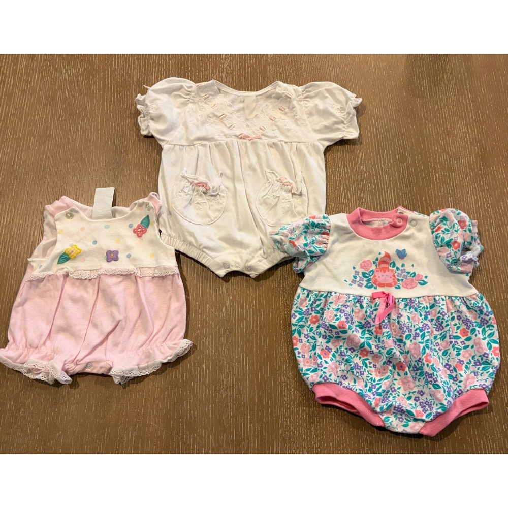 Vintage Baby Girls 0-3 Months Romper Lot 3 Floral Pink Bubble Bodysuits